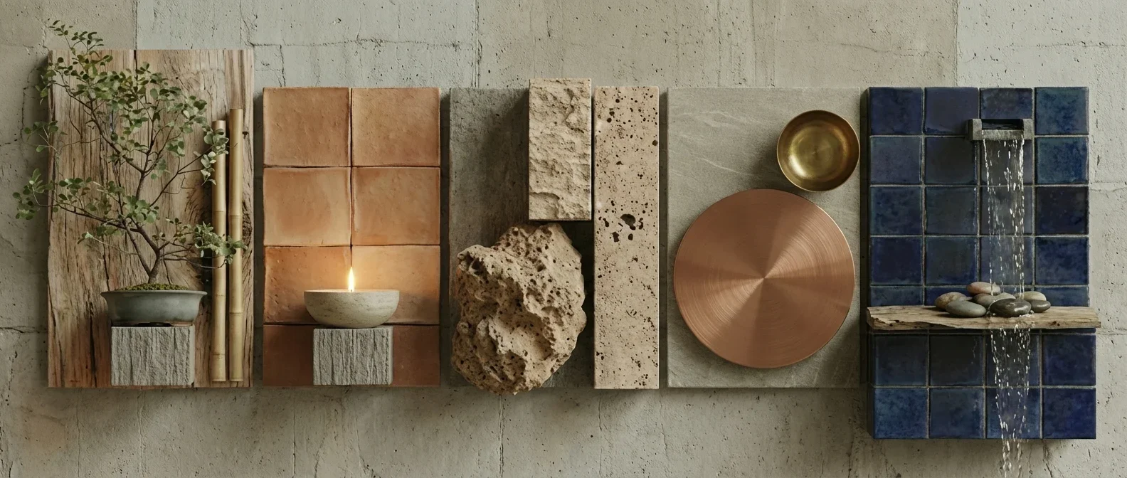 Gezeigt werden die 5 Elemente aus dem Feng Shui: Holz, Feuer, Erde, Metall und Wasser