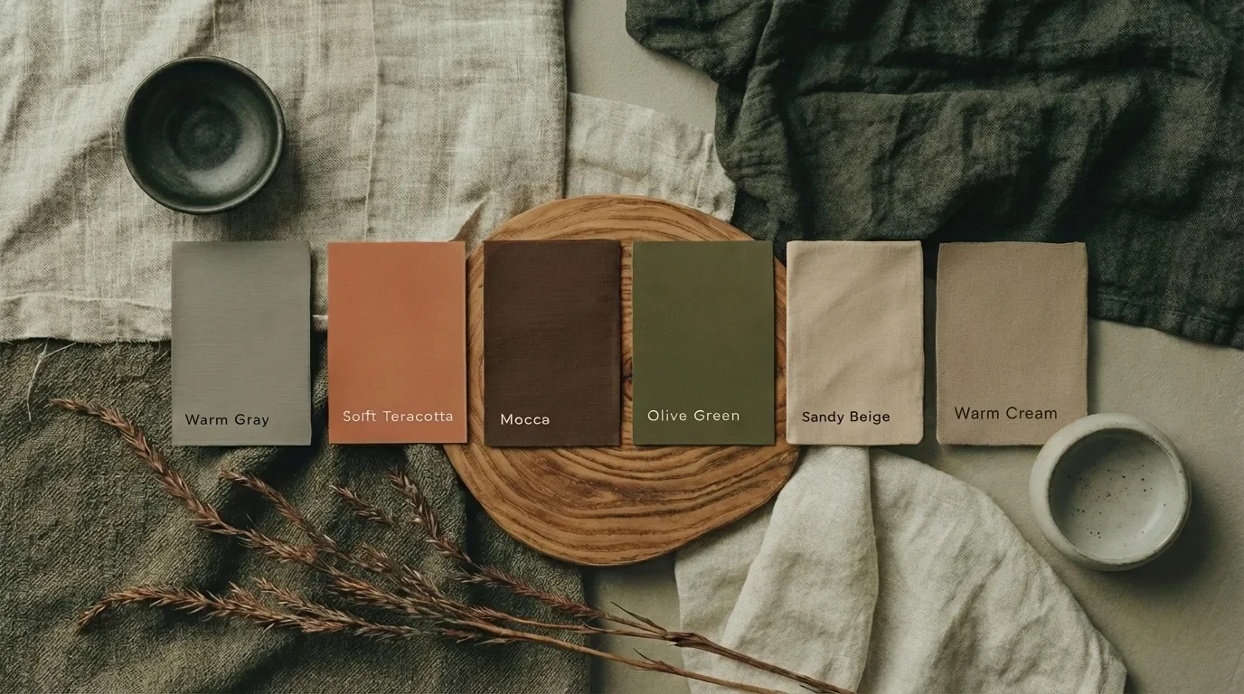 Trendfarben 2026 nebeneinander aufgereiht. Warmer Minimalsimus auf natürlichen Materialien
