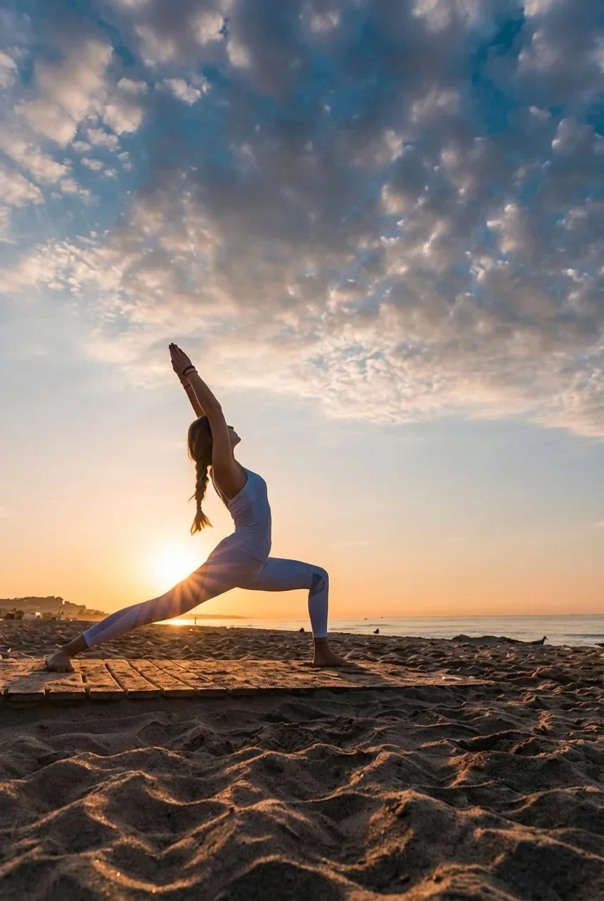 Yoga am Strand bei Sonnenuntergang