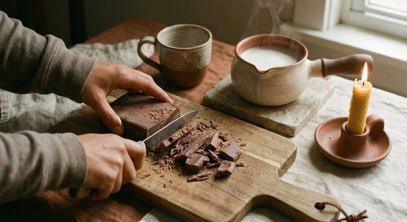 Kakaomasse wird geschnitten auf Holzbrett zum Einfügen in heiße Pflanzenmilch