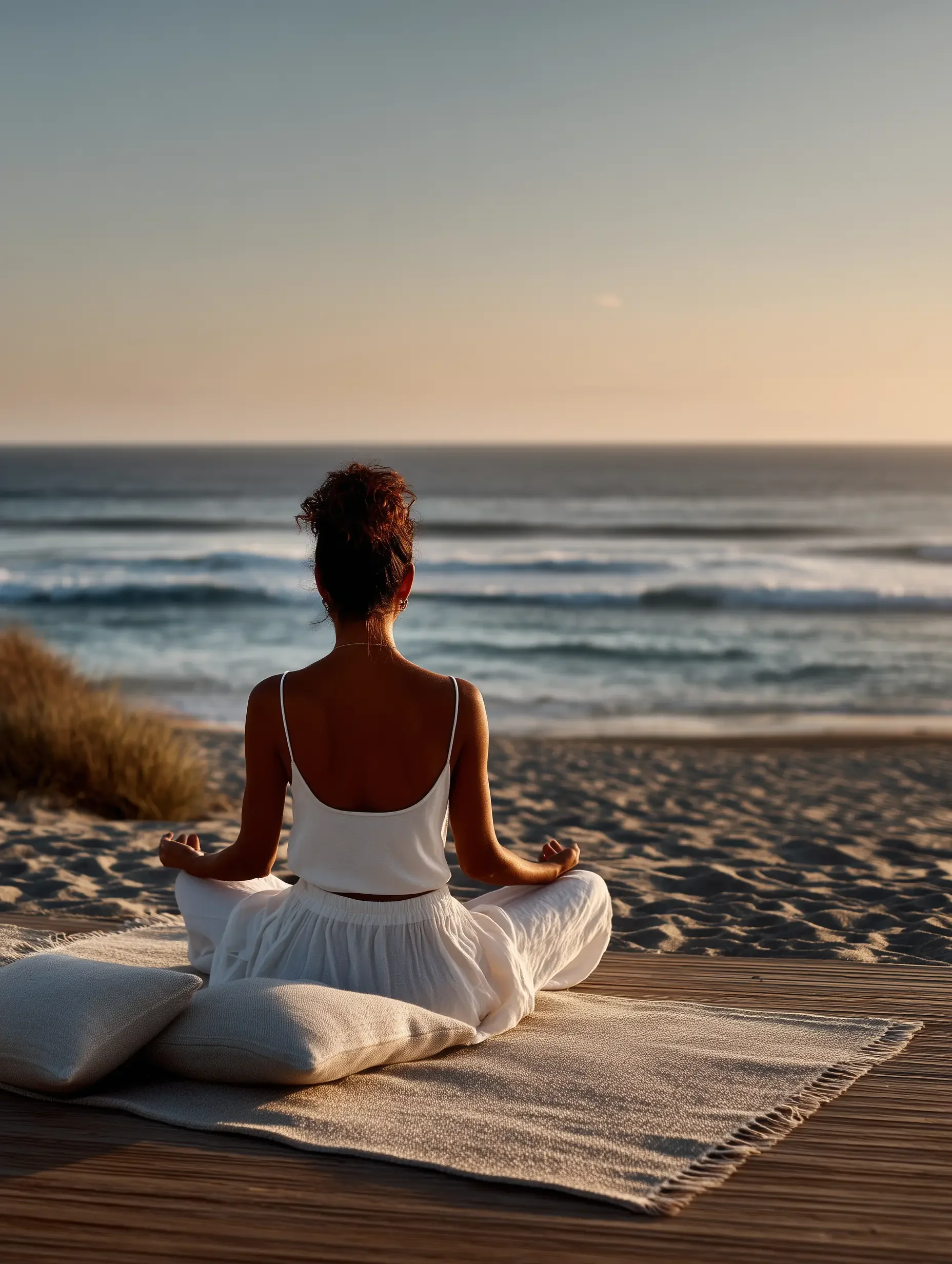 Frau sitzt im Schneidersitz in Meditationshaltung am Meer bei Sonnenuntergang