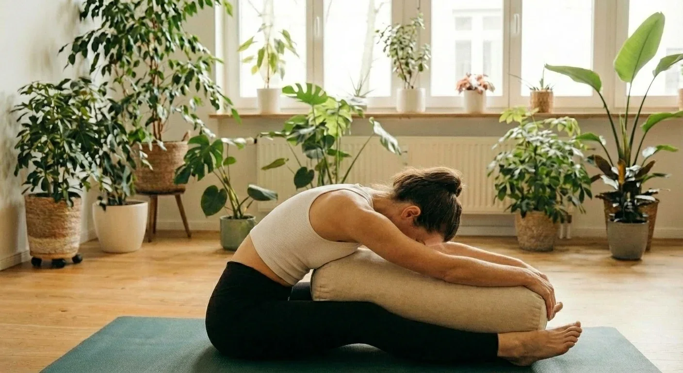 Frau in Vorbeuge Yoga Asana für sensible Phasen im Yogaraum