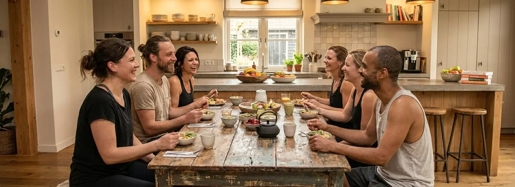 Yogis sitzen an einem Tisch