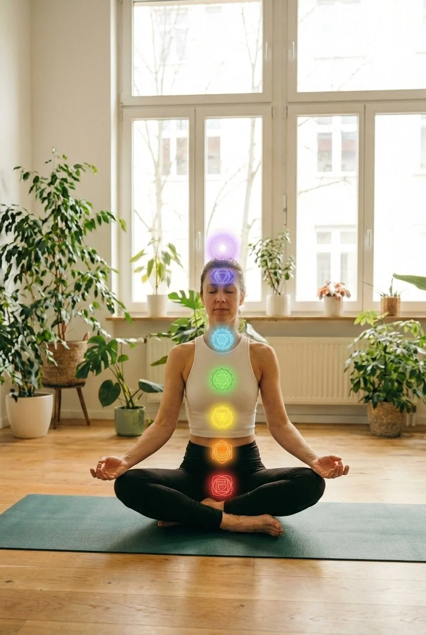 7 Chakren werden gezeigt an Frau in Meditationshaltung im Yogaraum