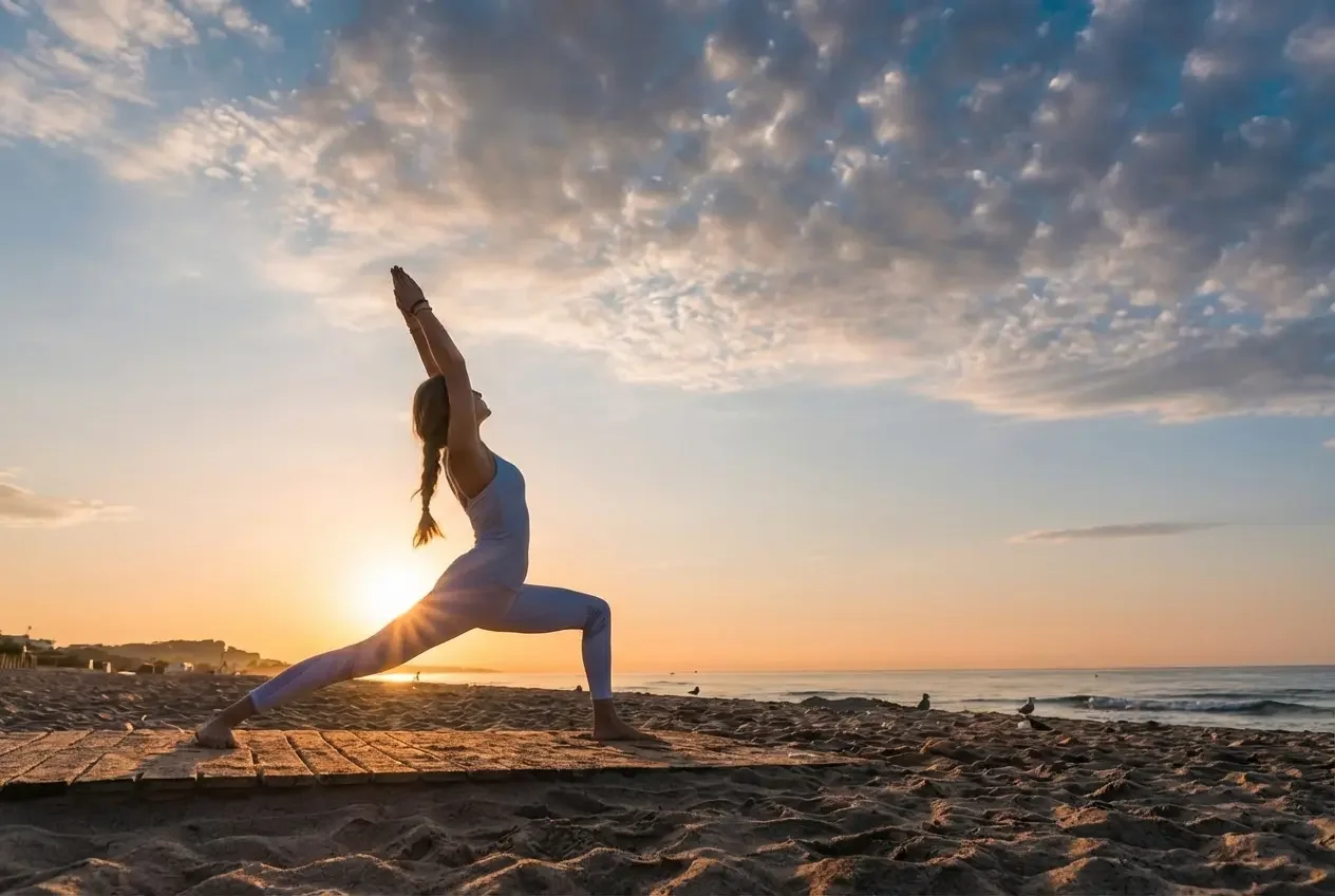 Frau macht Yoga am Strand mit Blick aufs Meer bei Sonnenuntergang
