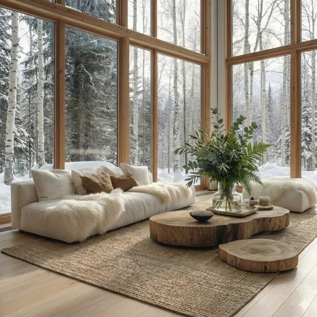 Lichtdurchflutetes Wohnzimmer mit traumhafter Aussicht ins verschneite Umland