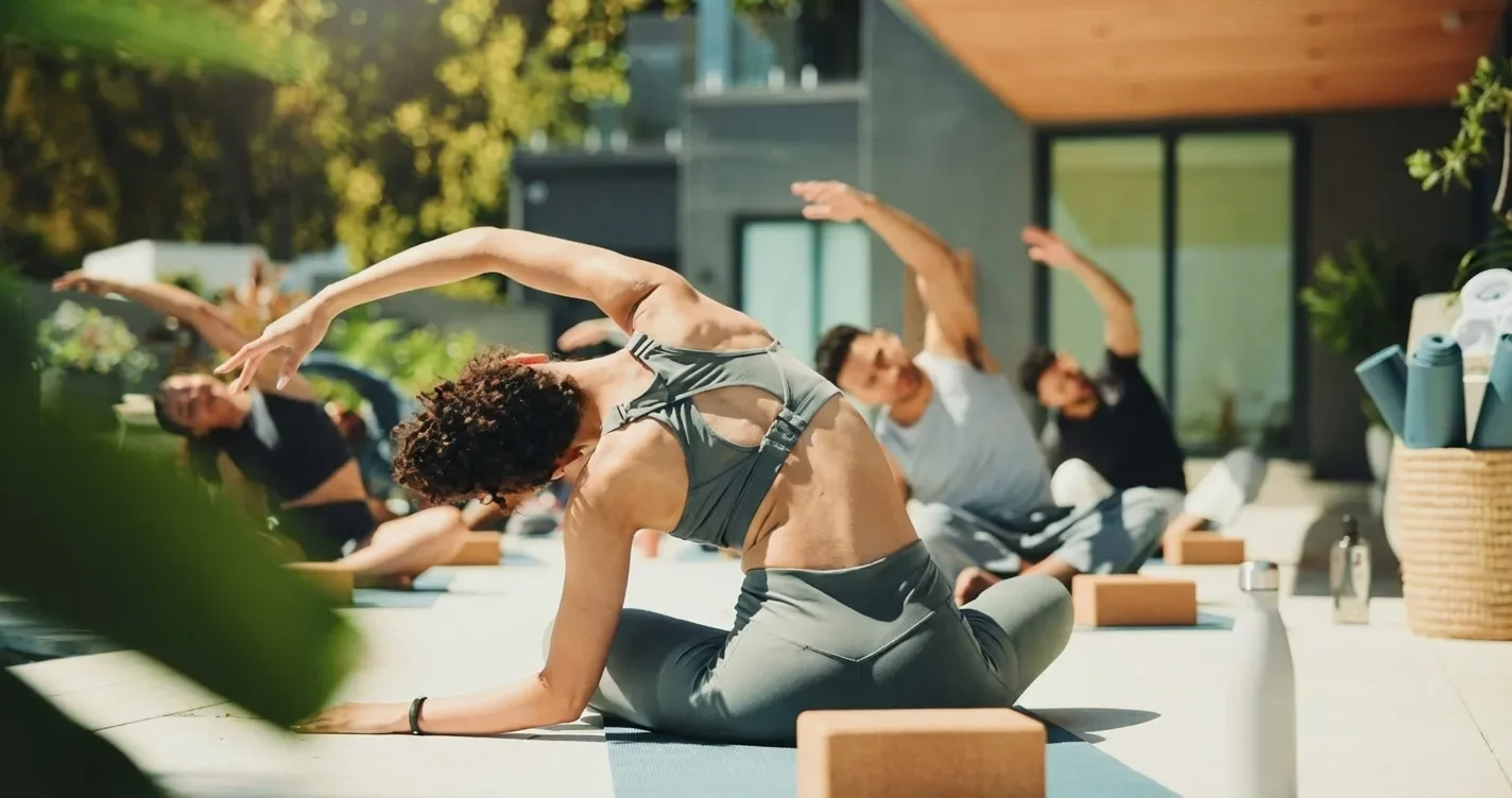 Yoga praktizieren draußen auf Terrasse in Gruppe