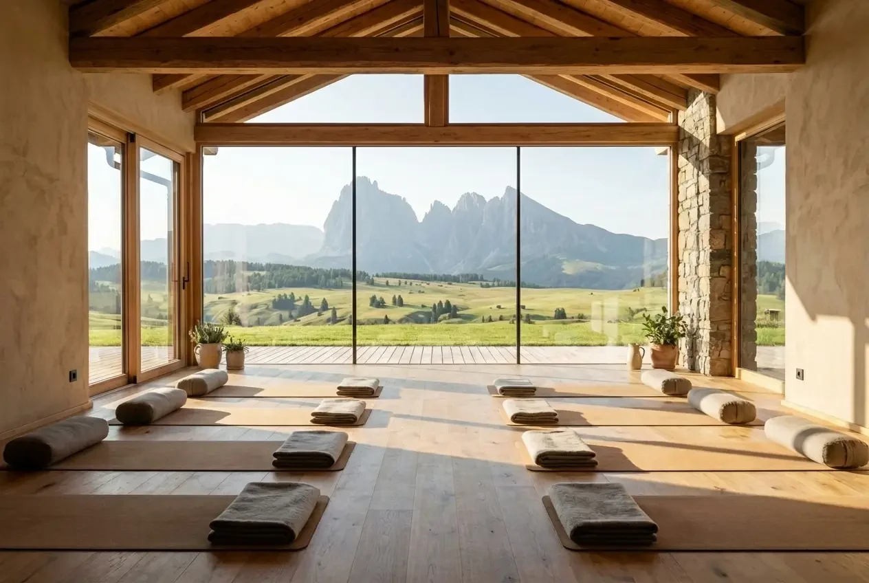 Yogaraum eines Yoga Retreat Hauses in Suedtirol mit Blick auf die Berge
