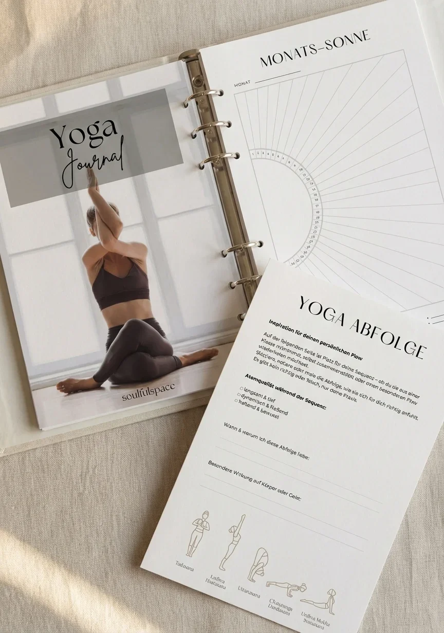 Yoga Journal als Protokoll zur Entwicklung im Yoga liegt auf einem Tisch