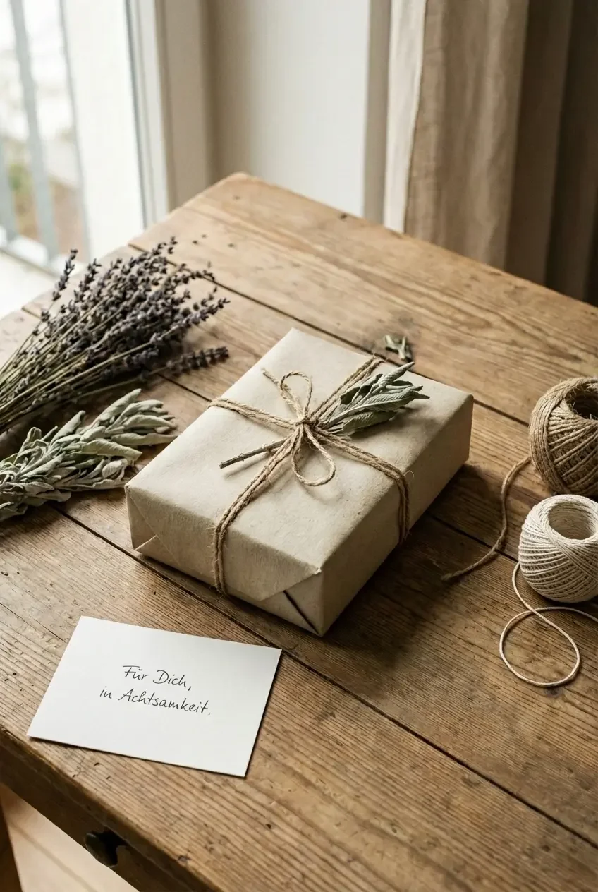 Gechenk mit natuerlichen Materialien verpackt