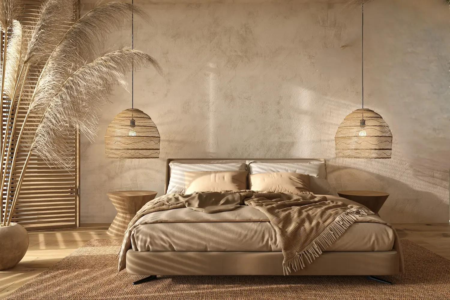 Schlafzimmer in warmen Farben mit Licht und Pampasgras