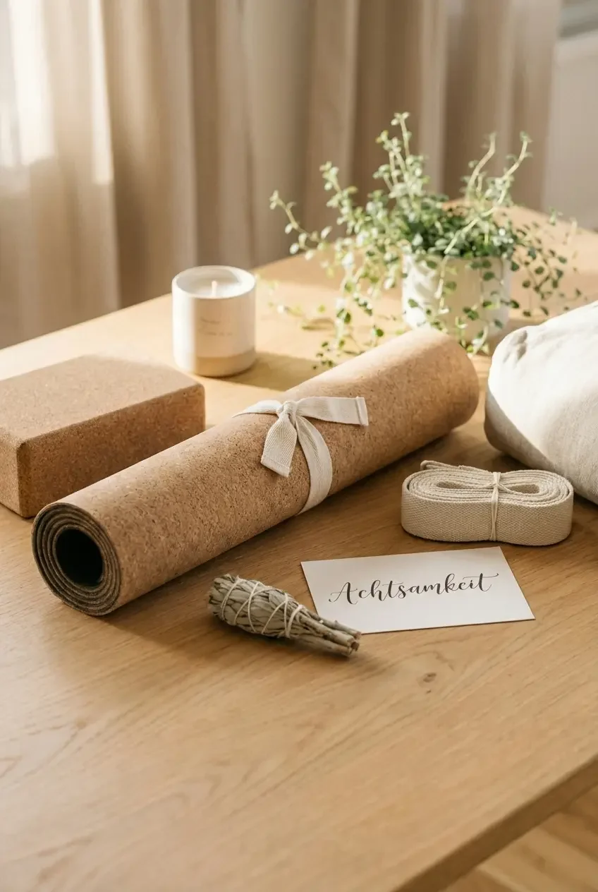 Inspirationen mehrerer Yoga Geschenkideen auf einem Tisch. Yogamatte, Kerze, Yogablock, Yogagurt, Bolster und Raeucherwerk