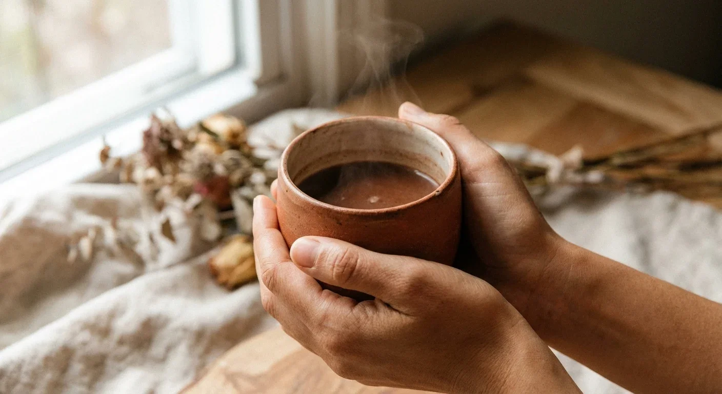 zwei Hände halten eine heiße Tasse mit Ritualkakao