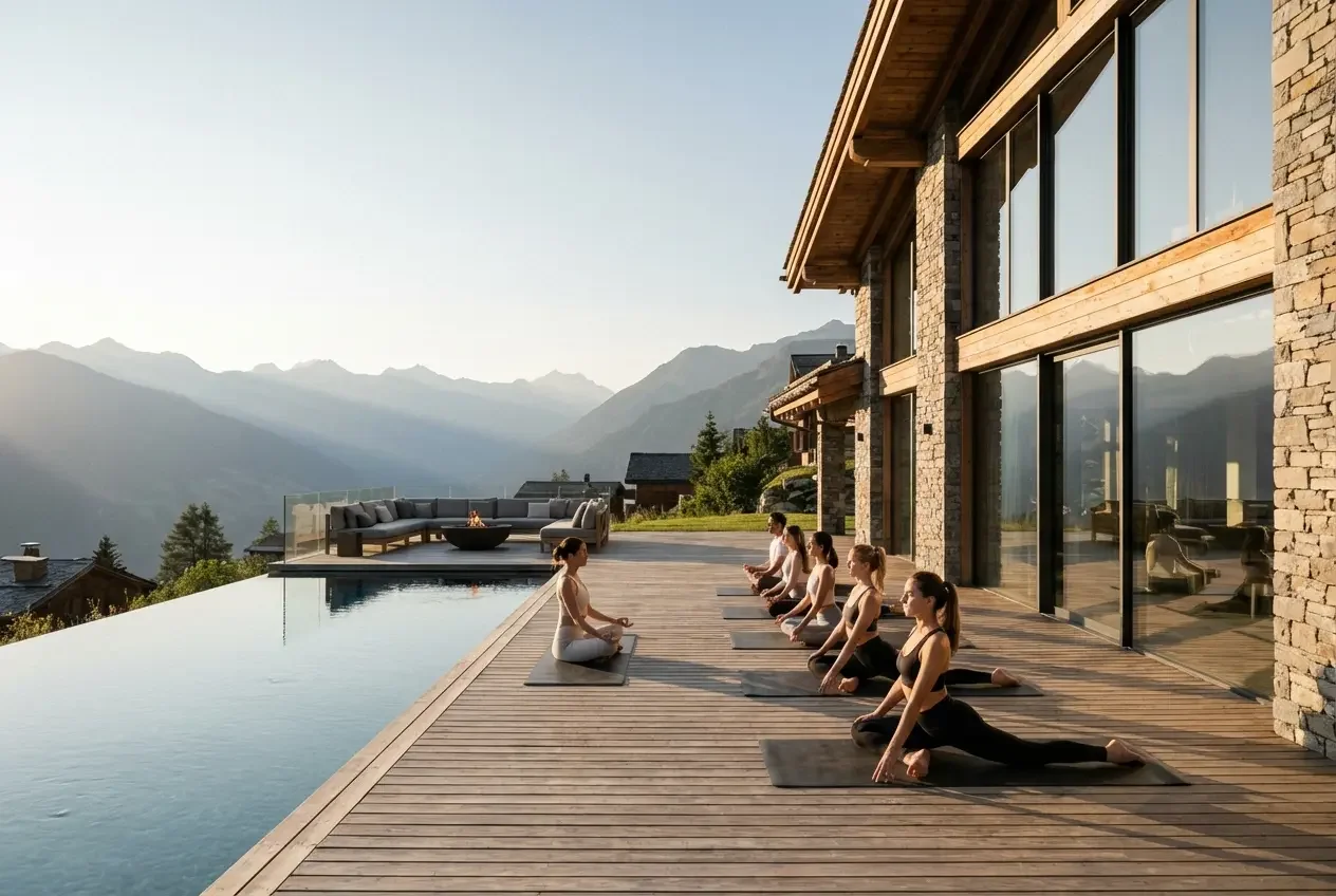 Yin Yoga Retreat Oesterreich im Sommer. Yogis praktizieren auf Yoga Terrasse mit Ausblick in die Alpen