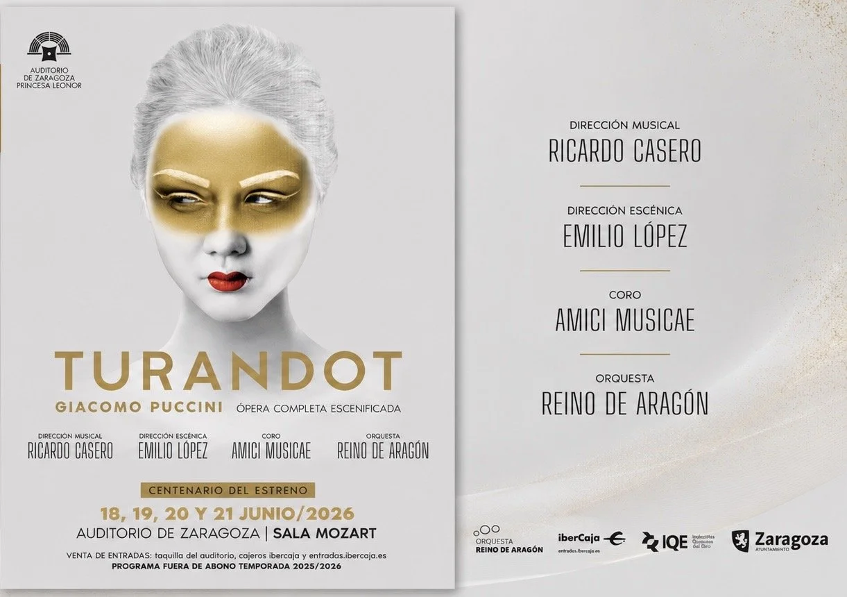 Promotional poster for Puccini's opera Turandot, produced by Orquesta Reino de Aragón (ORA) and conducted by Ricardo Casero, showcasing BZU Artist Management & Publishing's international opera productions.