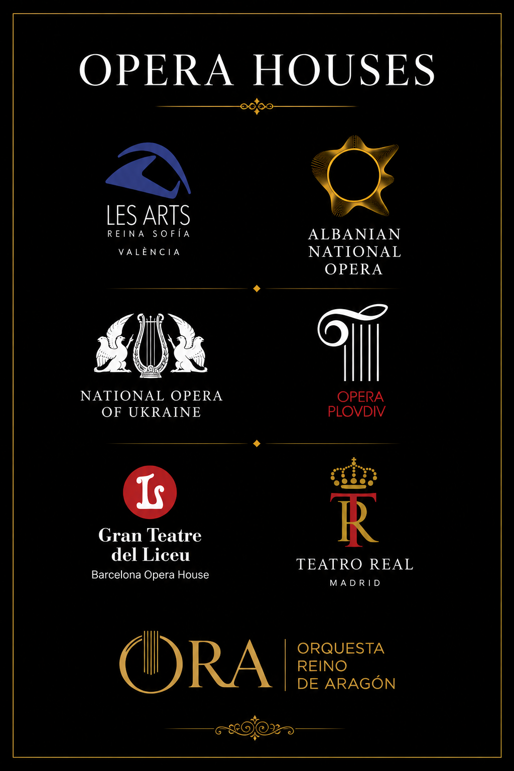 A poster listing various opera houses including Les Arts Reina Sofía in Valencia, Albanian National Opera, National Opera of Ukraine, Opera Plovdiv, Gran Teatre del Liceu in Barcelona, Teatro Real in Madrid, and the Orquesta Reino de Aragón.