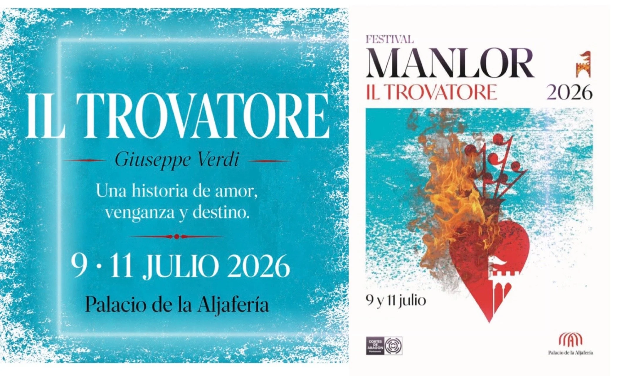 Digital poster advertising the 2026 Festival Manlor Il Trovatore from July 9 to 11 at Palacio de la Aljaferia with a blue background, stylized flame and violin with fire, and text in Spanish and English.