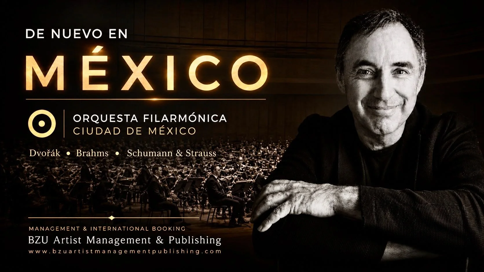 Mexico City Philharmonic Orchestra, Ricardo Casero conductor 'De Nuevo en México', 'Orquesta Filarmónica Ciudad de México', and composers Dvořák, Brahms, Schumann & Strauss. Centro Cultural Ollin Yolitzli, México