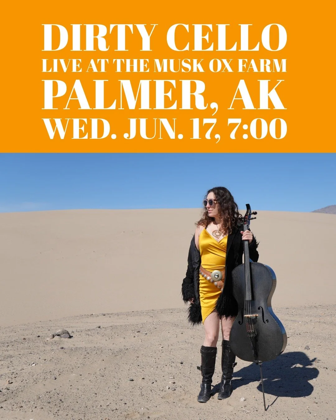 Alaska here we come! We performed at the Musk Ox Farm a couple years ago. Big outdoor farm, beautiful stage, and surrounded by musk ox's. The audience liked our music, the musk ox's didn't.
Tickets: dirtycello.com
