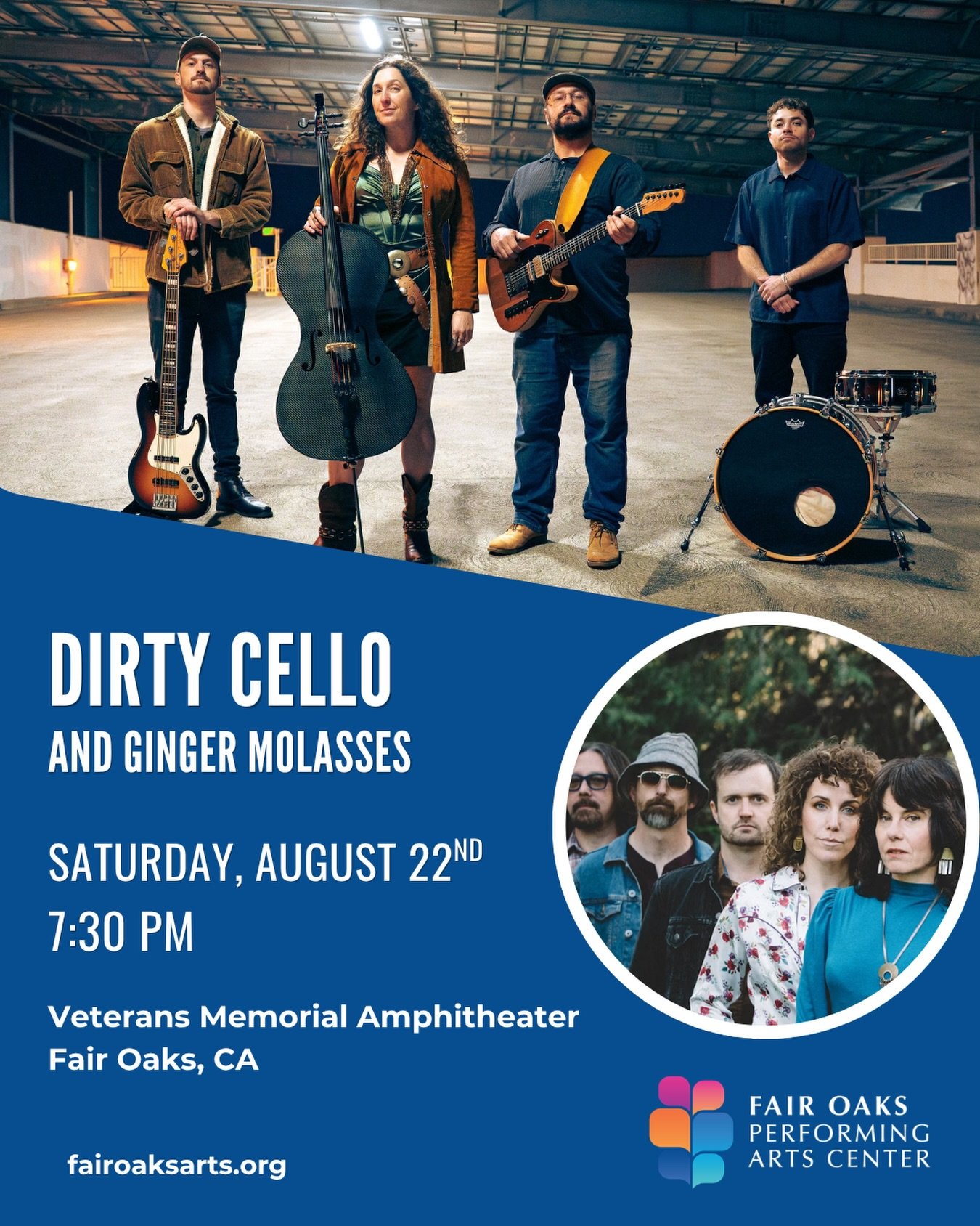 FAIR OAKS! Dirty Cello and Ginger Molasses at the Veterans Memorial Amphitheater on Aug 22.
Can&rsquo;t wait for this show! Beautiful outdoor space with great seating and great sound. 
Our first time at this amphitheater. Would love to see you! 
Tick