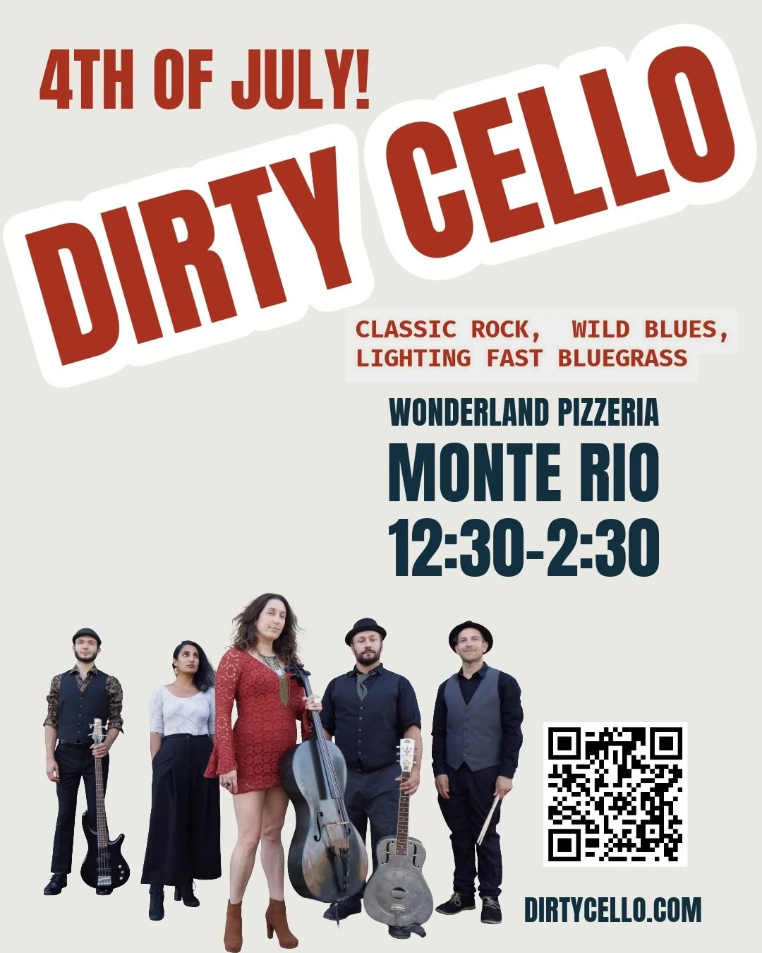 2 chances to see Dirty Cello for 4th of July!
@wonderland_pizzeria 
@penngrove_pub 

More info/tickets: DirtyCello.com