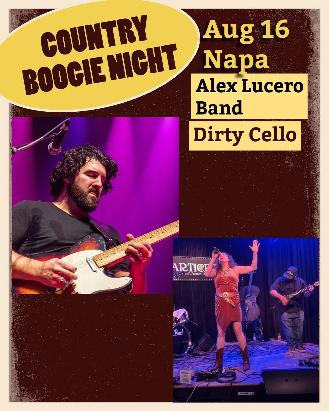 Not Loud Concerts presents Country Boogie Night at Napa Yard!
Sunday, Aug 16 at 7 pm
Tickets: NotLoudConcerts.com

- Featuring the Alex Lucero Band, a boot-stompin&rsquo; Americana band and Dirty Cello, a high-energy band known for their crazy takes 