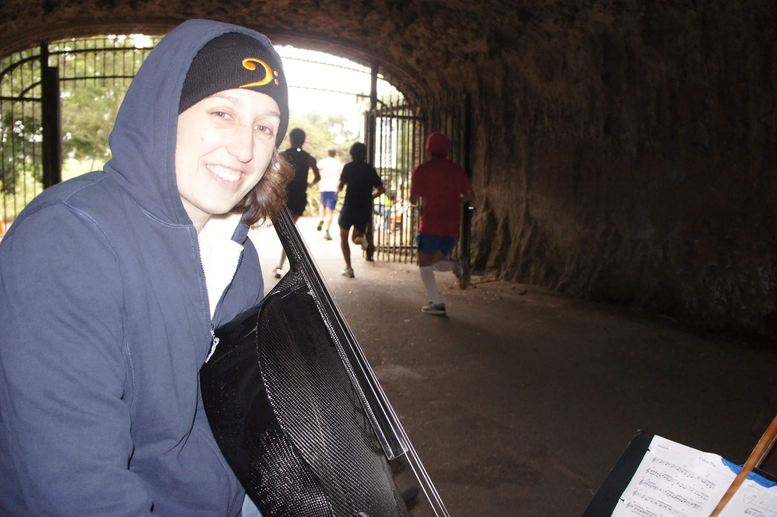 This photo is from about 12 years ago. It was Jason&rsquo;s and my first time performing at a marathon. This took place in Golden Gate Park and they had wanted us to perform in the tunnel. We had to get up really early, since marathons start very ear