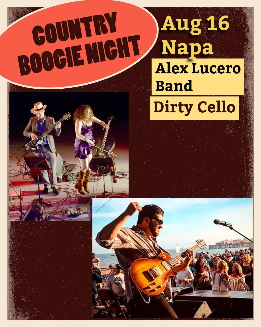 Country Boogie Night at Napa Yard!
Sunday, Aug 16 at 7 pm
Tickets: NotLoudConcerts.com

- Featuring the Alex Lucero Band, a boot-stompin&rsquo; Americana band and Dirty Cello, a high-energy band known for their crazy takes on classic country.

- Food