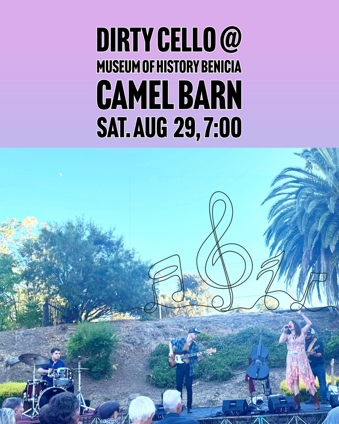 Saturday, Aug 29 at 7 pm
Join us as we head back to our yearly show in Benicia at the Camel Barn.
This is a photo from the last concert we did there. 
Outdoor seating, beautiful summer night, and you can purchase food and drinks.
Tickets: https://moh