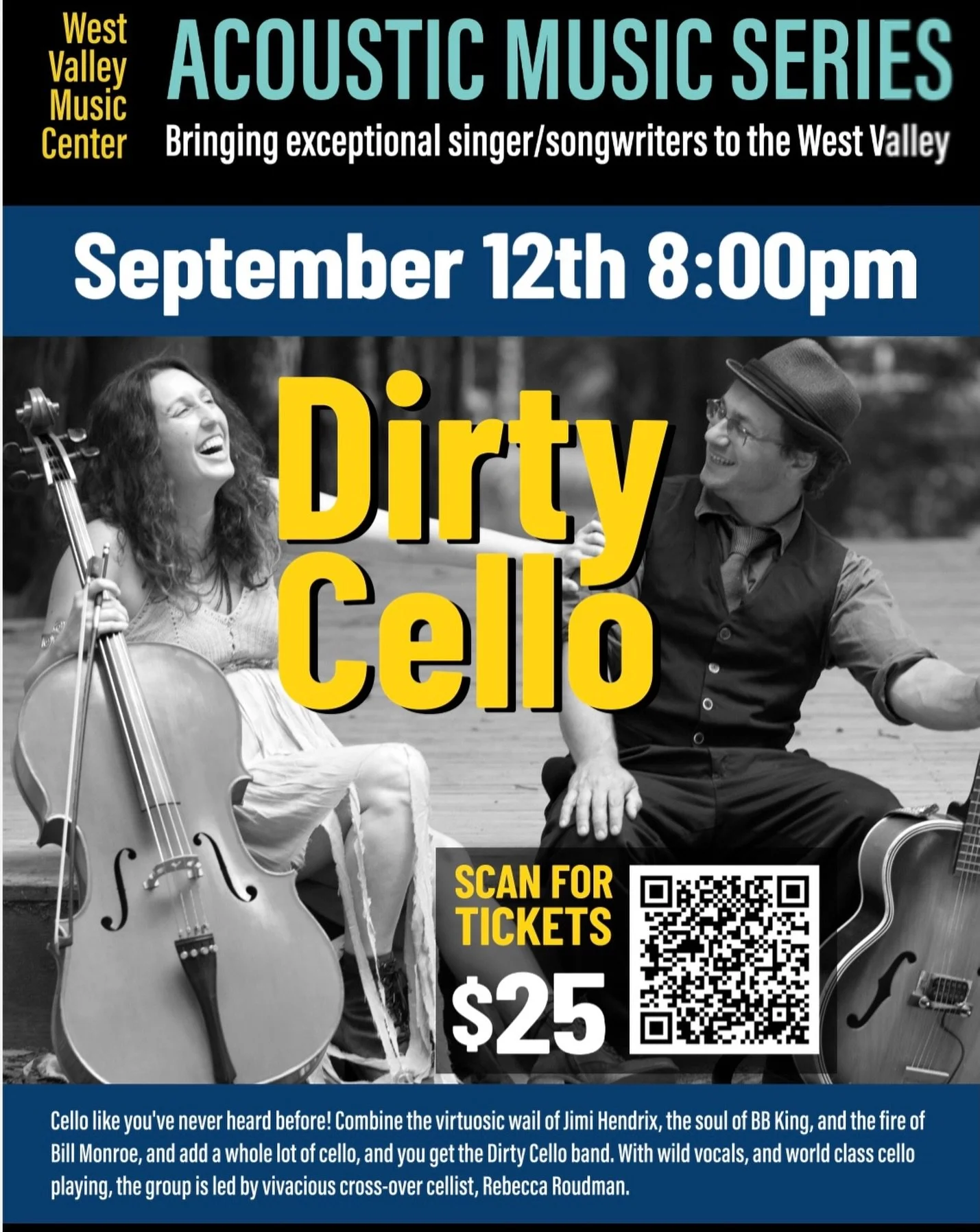 We don&rsquo;t head down to LA County very often, but we&rsquo;re excited to be performing at the @westvalleymusiccenter in West Valley (LA County) on Saturday, Sept 12. 
Space is limited, so make sure to grab your tickets at DirtyCello.com

#lacount