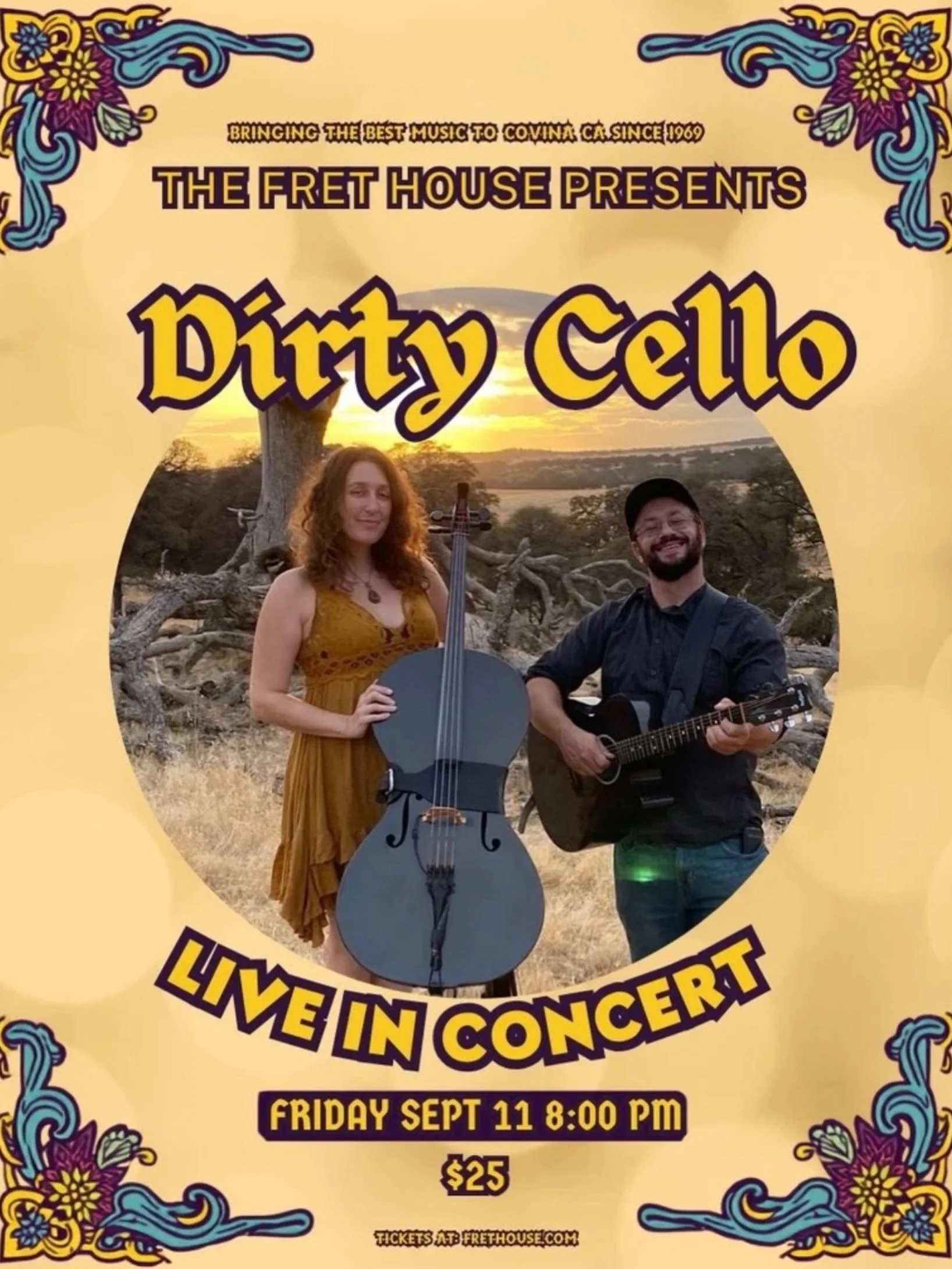 Hey Covina -area folks! We&rsquo;re headed to @fret.house on Sept 11! 
This is a great acoustic intimate show and we&rsquo;re very excited.
Grab your tickets at dirtycello.com

#dirtycello #covina #frethouse #acoustic #livemusic