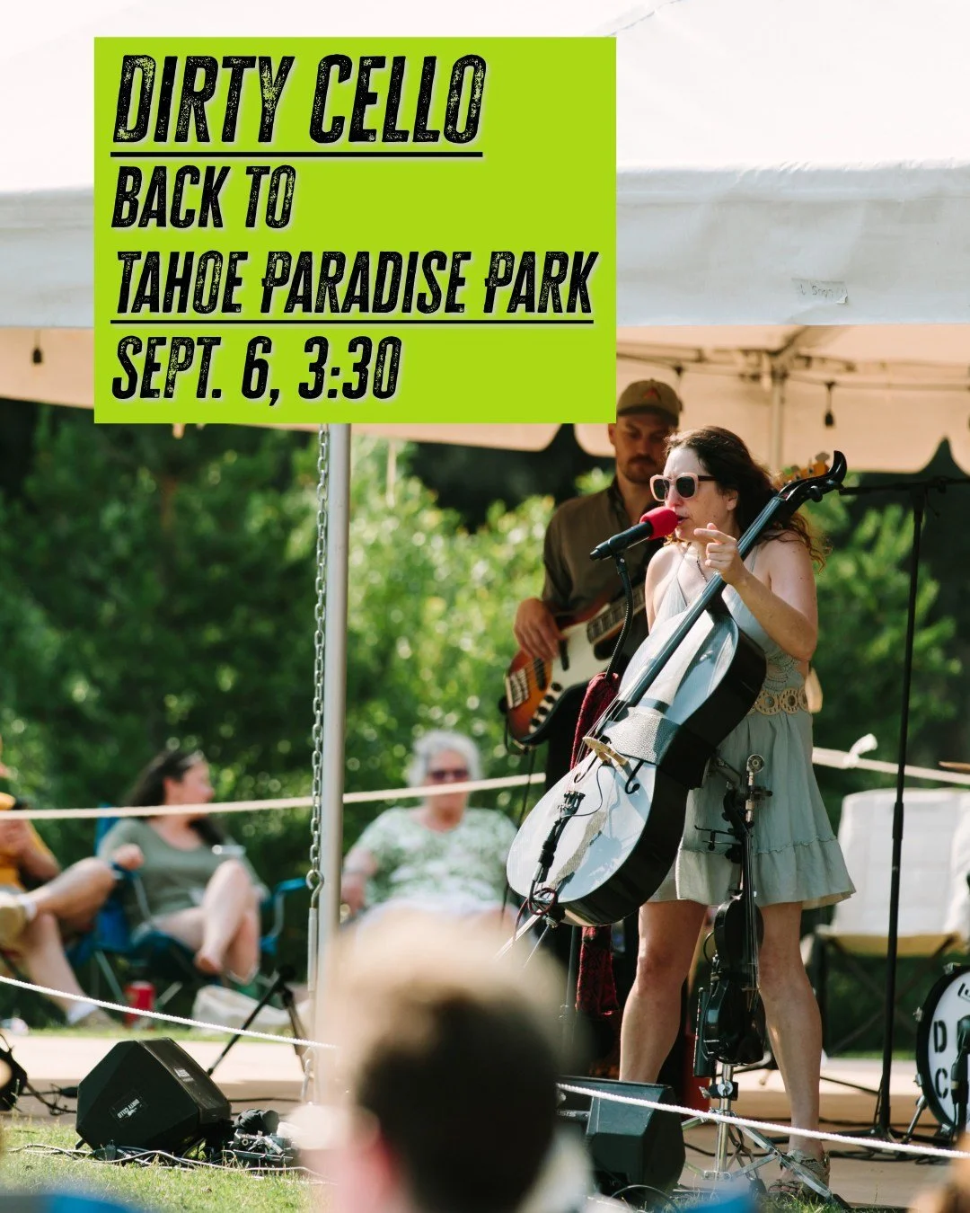 Sept 6 at 3:30 
Dirty Cello at Tahoe Paradise Park 
Summer Concert Series
Come enjoy a free concert at the stunning Paradise Park with a beautiful beach.
Sit on the grass or bring a lawn chair.
Get ready for some high-energy blues and rock!