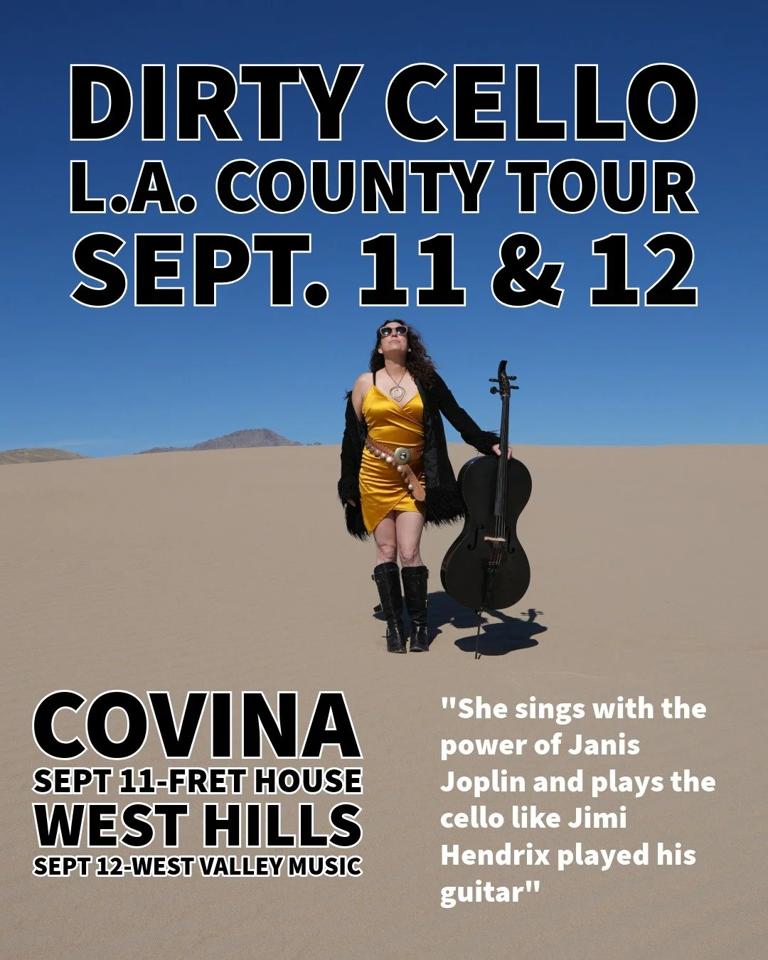 Can't wait for our mini LA County tour next weekend!
Let your friends know!
Sept 11 - Fret House in Covina
Sept 12 - West Valley Music Center in West Hills

Grab your tickets at DirtyCello.com

#covina #westhills #dirtycello #lacounty #cellobluesandr