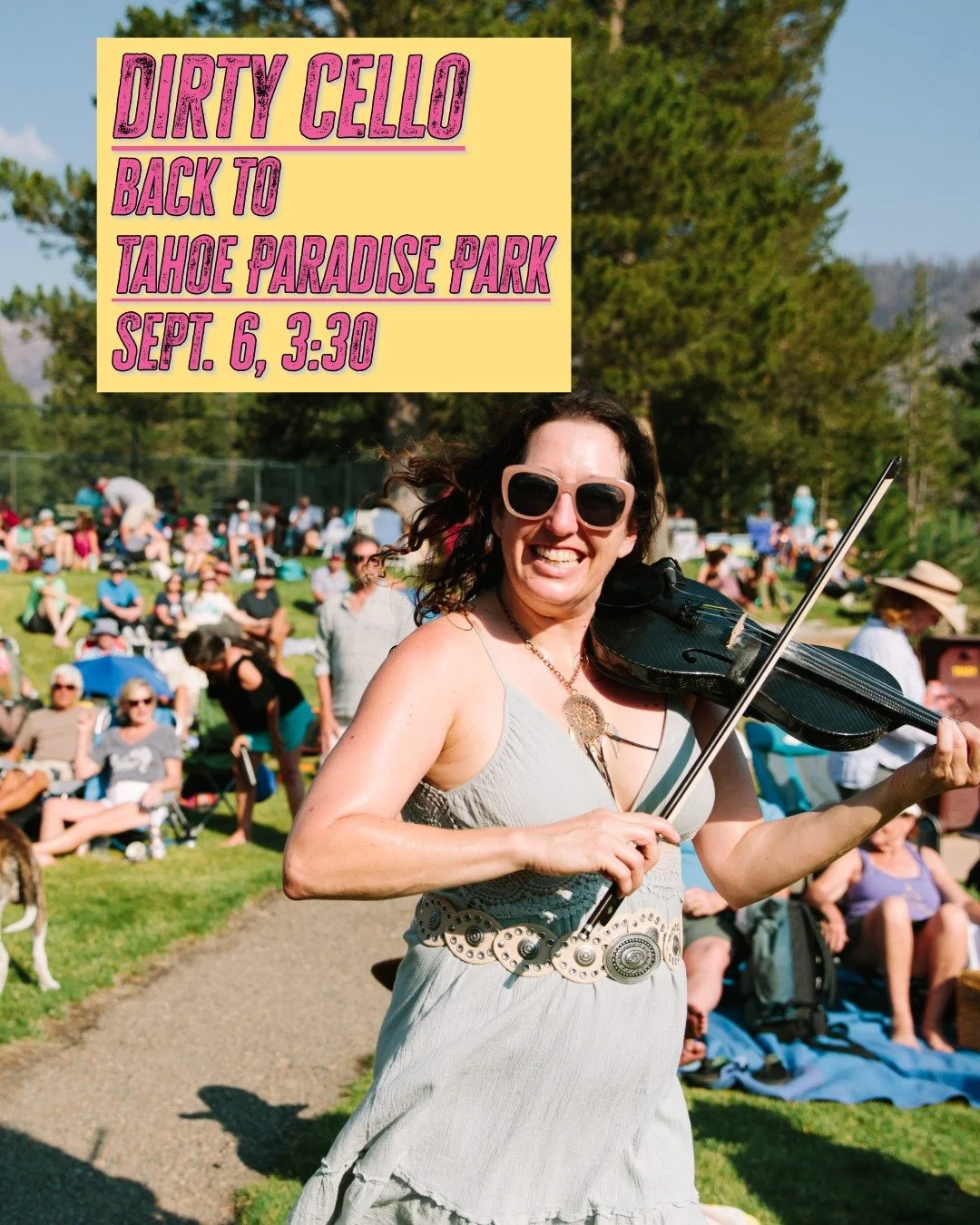 THIS SUNDAY!
Sept 6 at 3:30 
Dirty Cello at Tahoe Paradise Park 
Summer Concert Series
Come enjoy a free concert at the stunning Paradise Park with a beautiful beach.
Sit on the grass or bring a lawn chair.
Get ready for some high-energy blues and ro