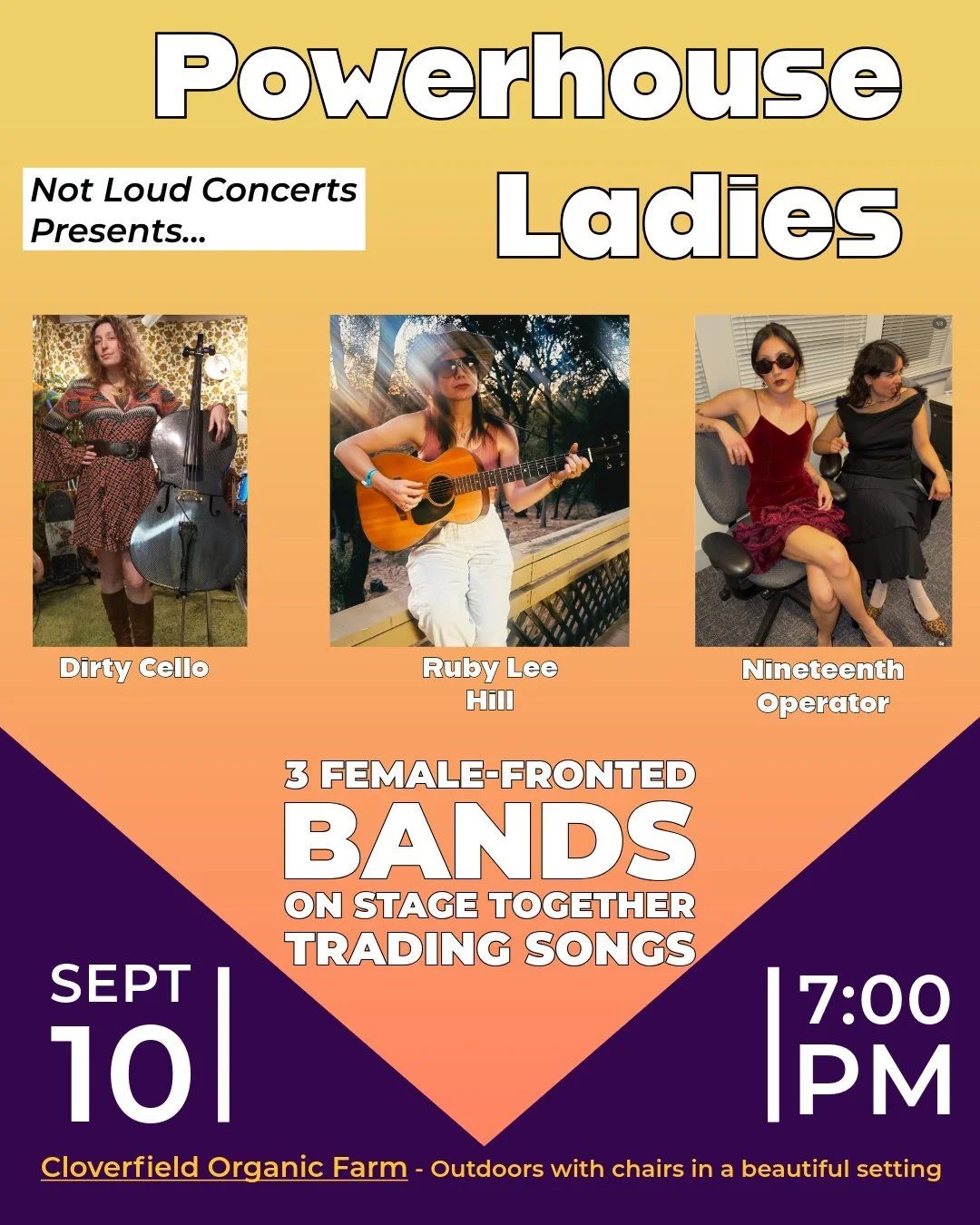 Hey El Sobrante folks! 

Not Loud Concerts presents..Powerhouse Ladies at Cloverfield Organic Farm
El Sobrante
The ladies featured will be the band Dirty Cello performing as a duo with exuberant blues and rock, Ruby Lee Hill - beautiful songs with an