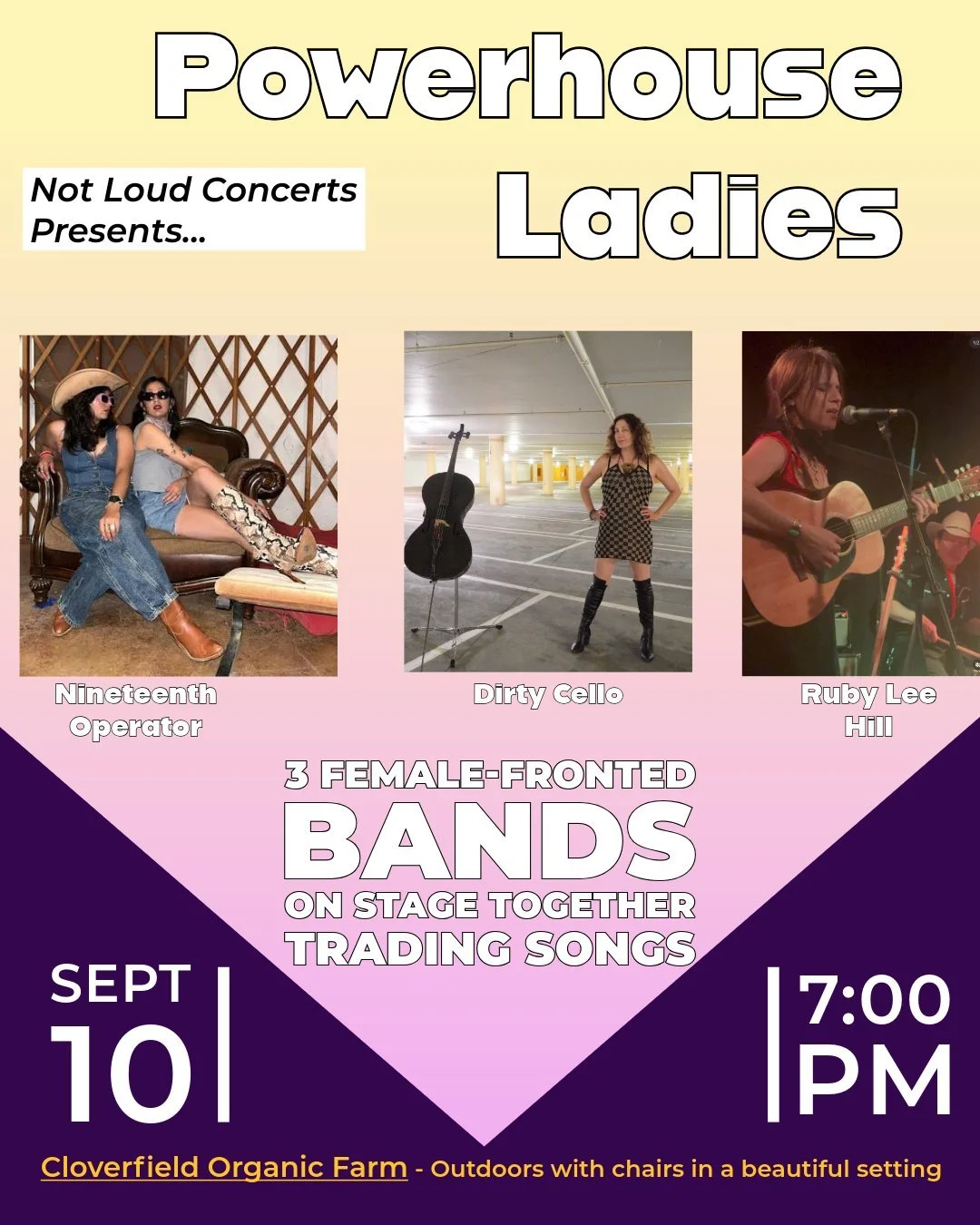 Powerhouse Ladies come to El Sobrante!
Cloverfield Organic Farm
Sept 10 at 7 pm
Tickets: $20 at NotLoudConcerts.com