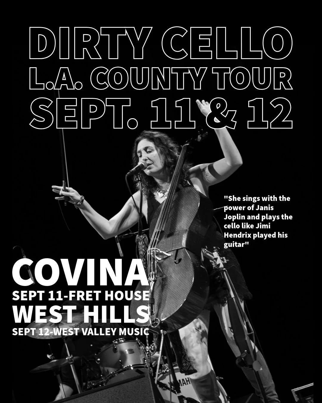 We're heading to LA County this weekend! 

Sept 11 - Fret House in Covina
Sept 12 - West Valley Music Center in West Hills

Grab your tickets at DirtyCello.com

#covina #westhills #dirtycello #lacounty #cellobluesandrock