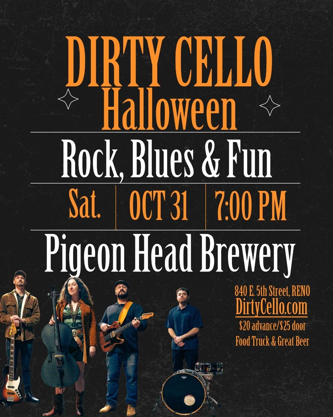 So excited to be heading to Reno for Halloween!
Grab your tickets at DirtyCello.com

#reno #dirtycello #halloween #pigeonheadbrewery