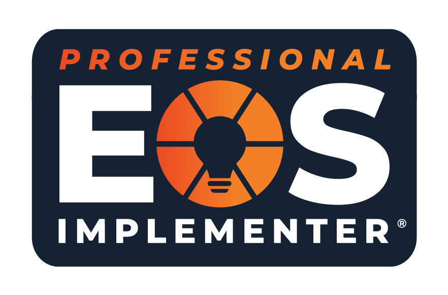 Logo for Professional EOS Implementer featuring text in orange and white with a central lightbulb graphic.