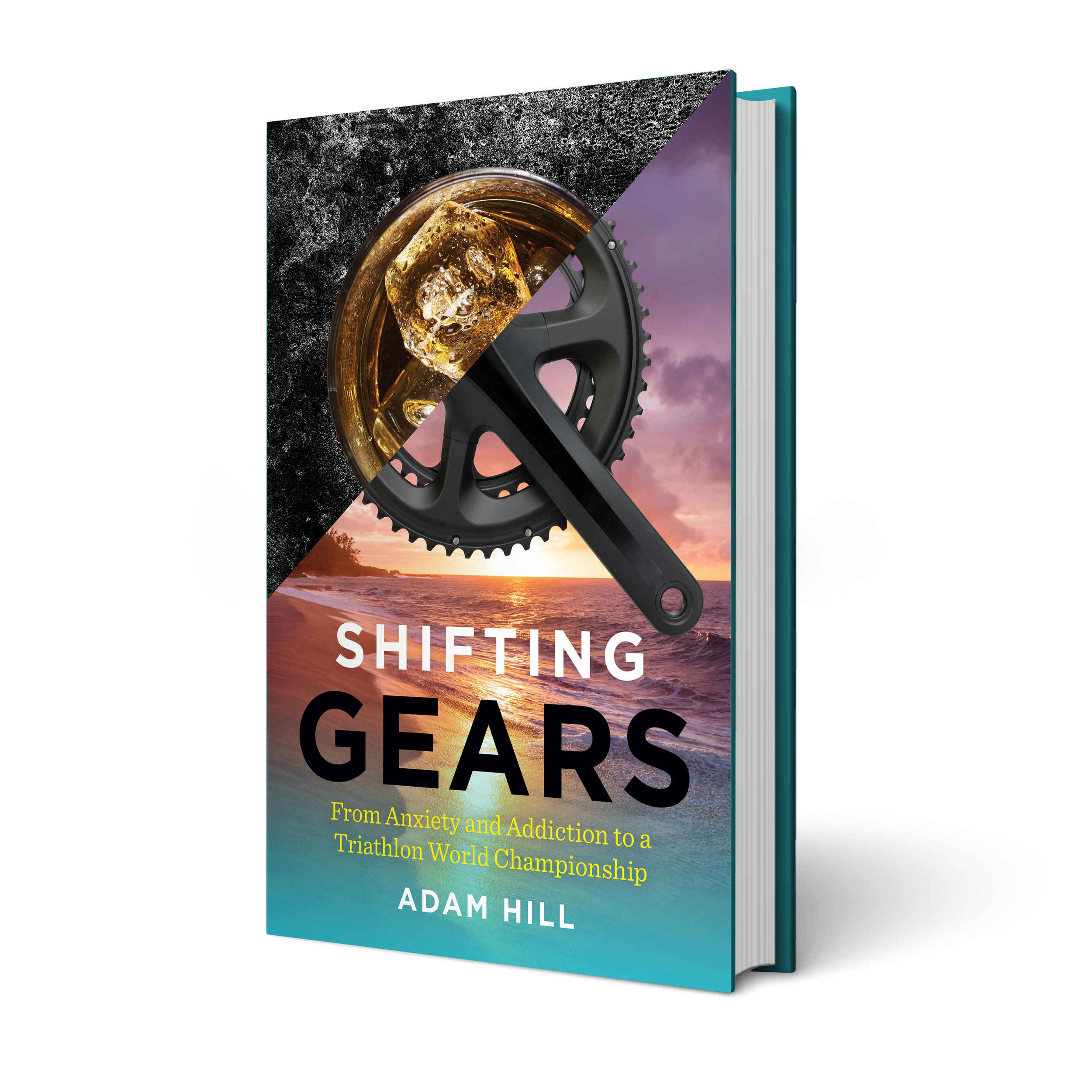 Book cover titled 'Shifting Gears' by Adam Hill, featuring a bicycle gear and a glass of whiskey with ice cube, set against a background of sunset over a beach.