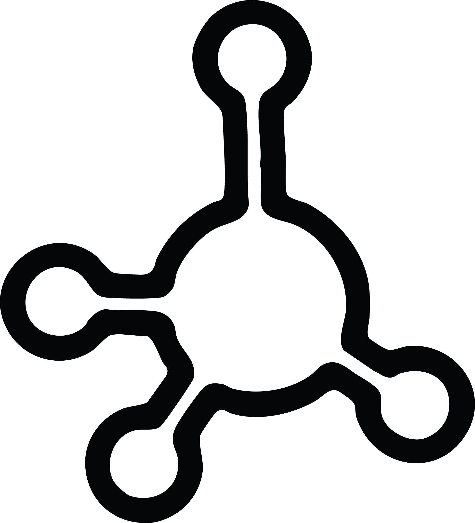 A black line art illustration of a molecular or network diagram with a central circle connected to five side circles via lines.