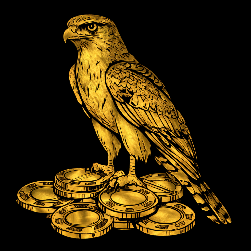 David Richards & Sasha | Poker with a Purpose Gold-colored illustration of an eagle perched on a pile of poker chips against a black background.