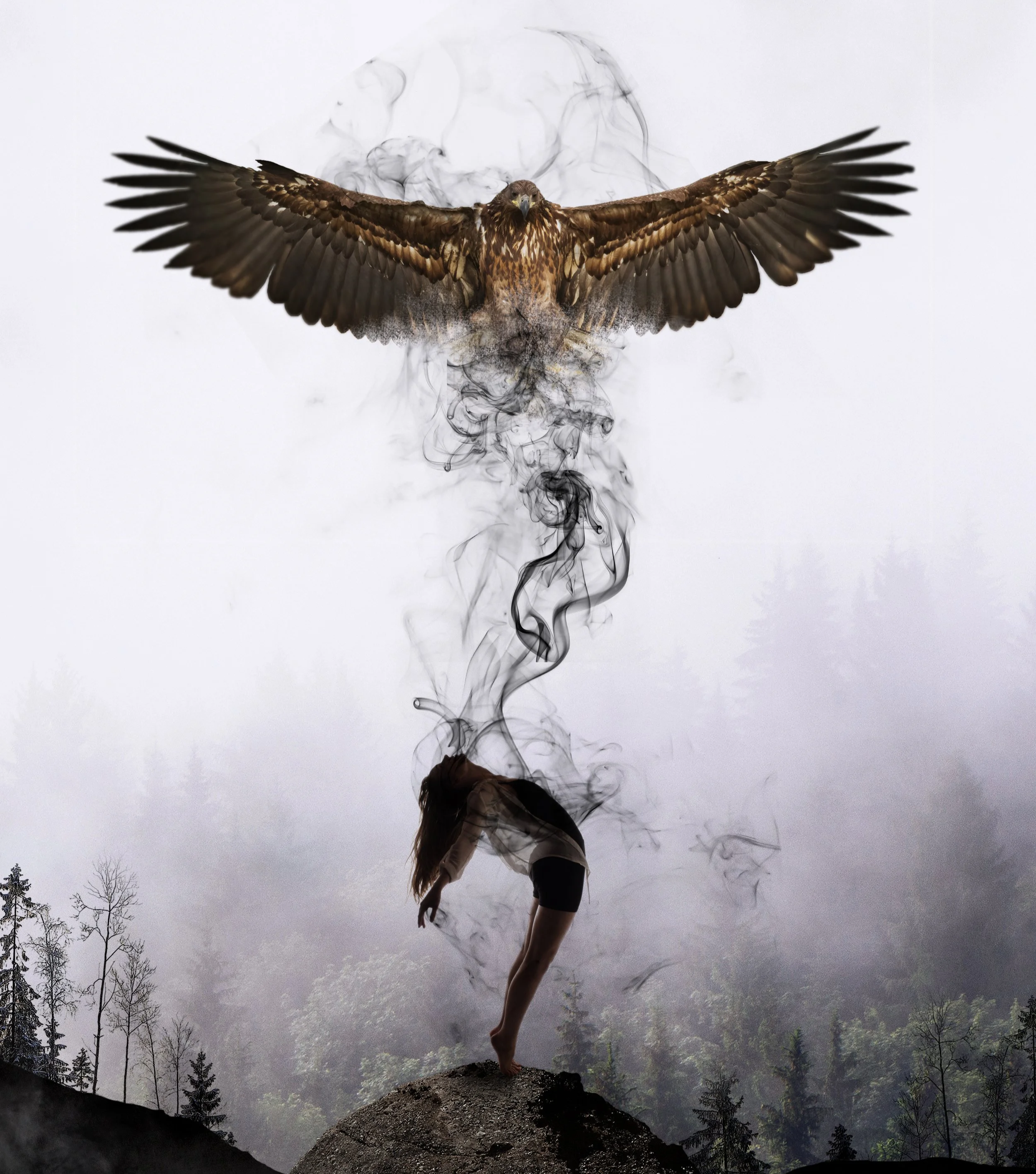 A woman standing on a rock with her head tilted back, surrounded by swirling smoke. Above her, a large bird with outstretched wings appears to be emerging from the smoke in a surreal scene.