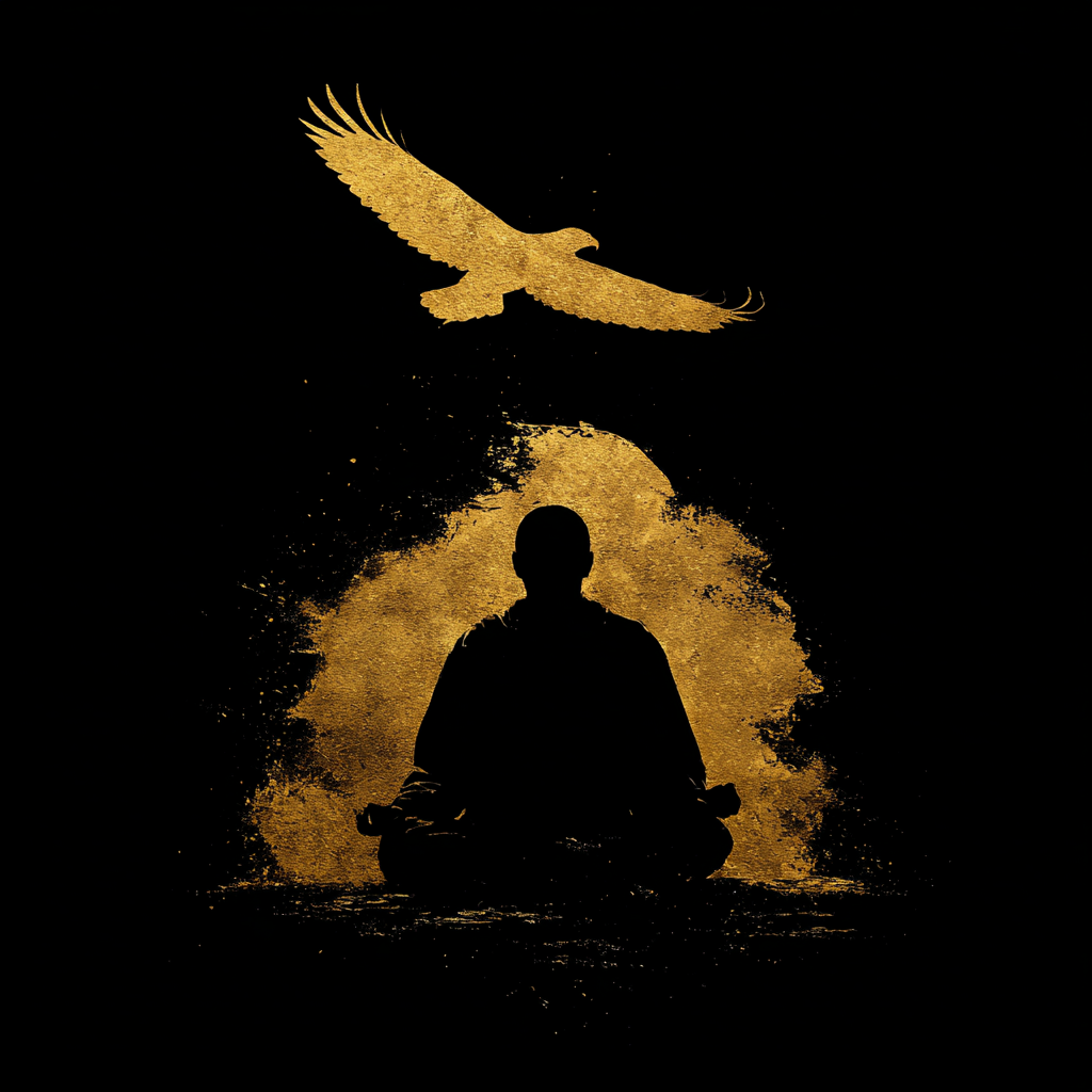 David Richards & Sasha | Poker with a Purpose Silhouette of a person sitting in a meditation pose with a golden splash behind them, and a golden bird flying above.