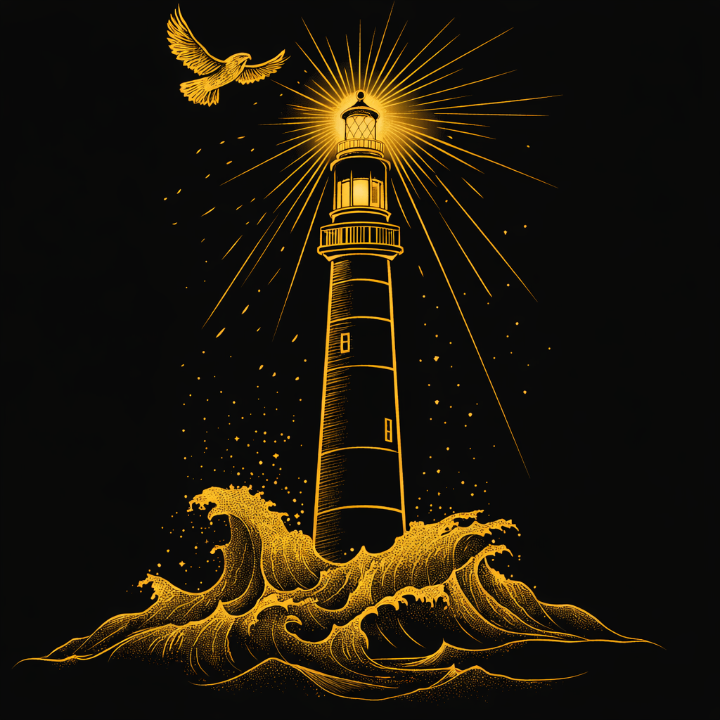 David Richards & Sasha | Poker with a Purpose A golden lighthouse shining brightly with rays emanating from the top, surrounded by crashing ocean waves and a flying bird against a black background.