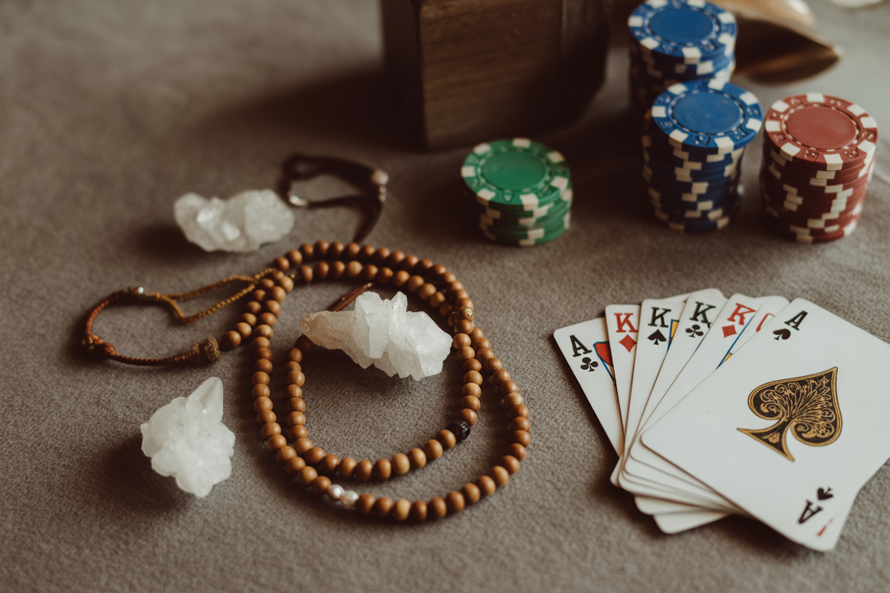 Stacked poker chips in blue, green, and red, playing cards showing a royal flush, crystal fragments, wooden beads, and a wooden box on a fabric surface.
