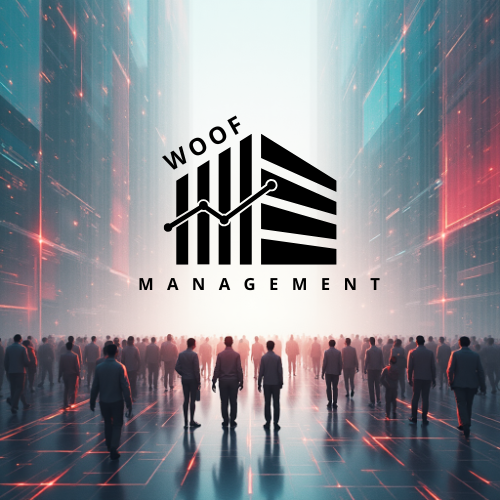 Digital futuristic cityscape with people walking and a logo for Woof Management in the center.