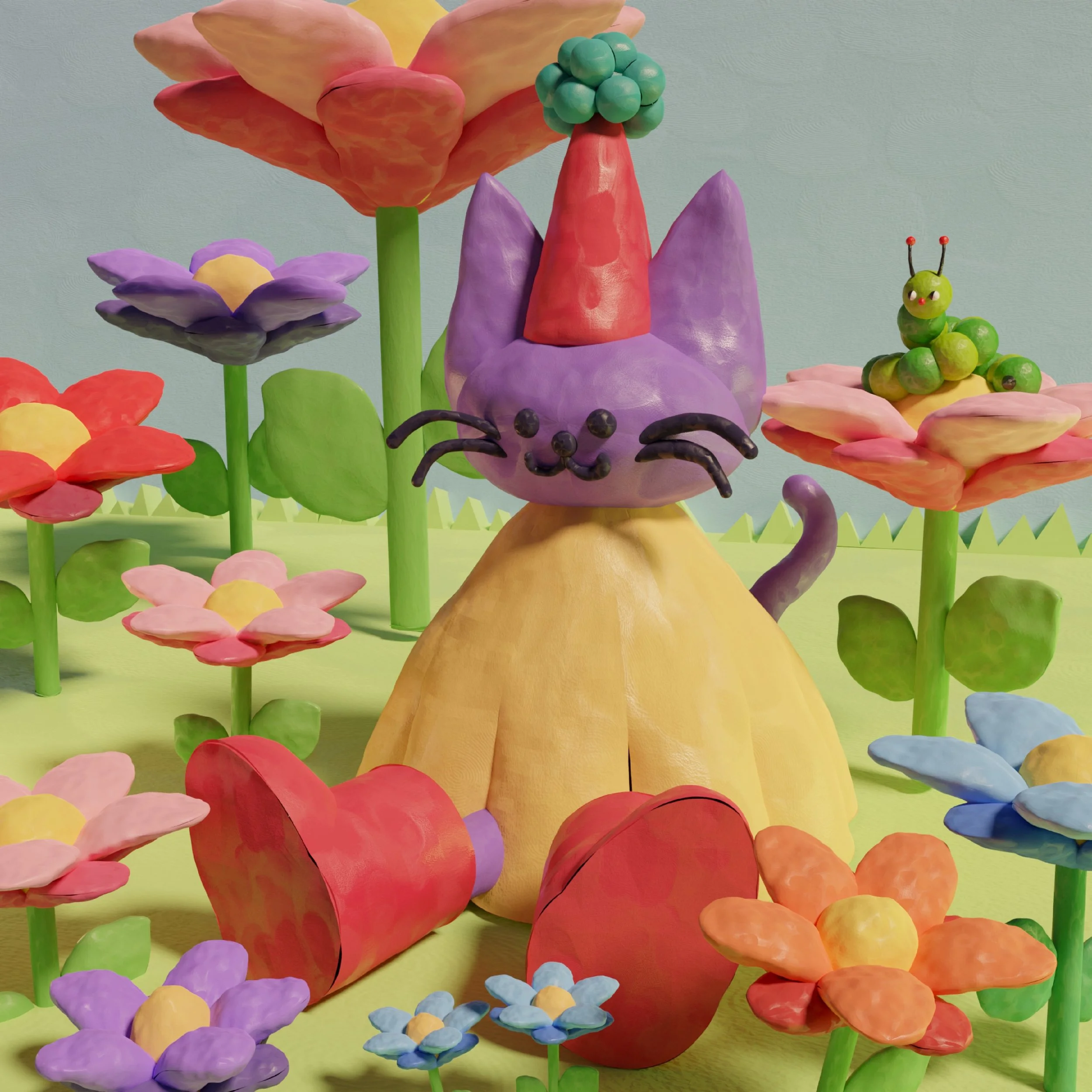 A colorful, clay-animated scene with a purple cat with large ears, whiskers, and a smiling face, wearing a red party hat, surrounded by oversized flowers and a green caterpillar on a pink flower.