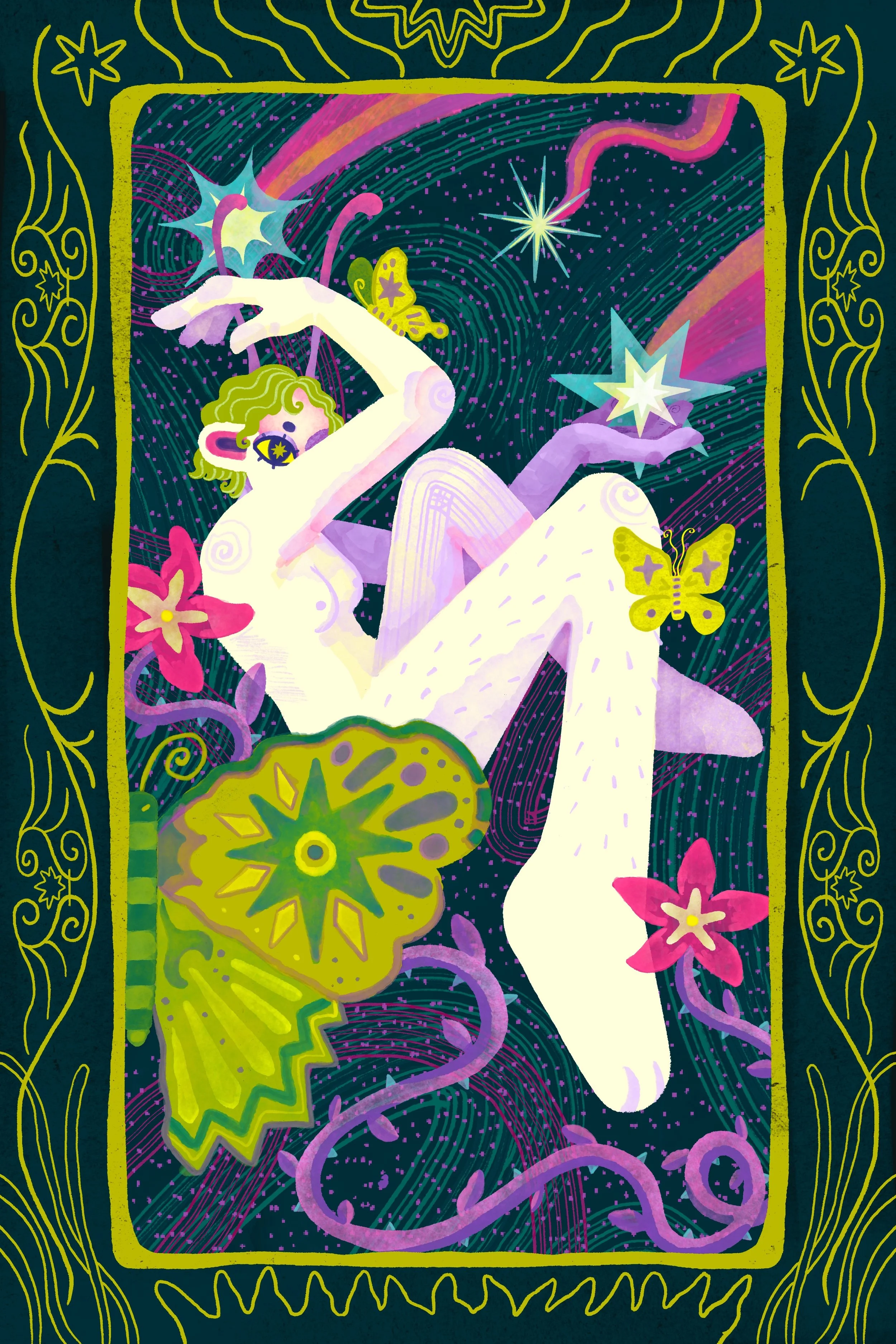 Abstract illustration of a surreal figure with butterfly and star motifs, surrounded by floral and cosmic elements in vibrant colors.