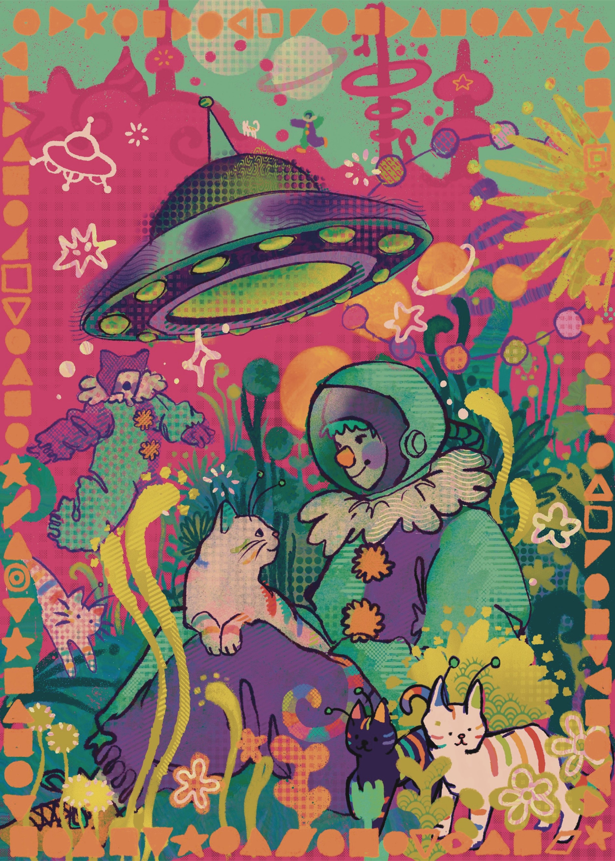 Colorful, cartoon-style illustration of a whimsical outer space scene with a UFO, an astronaut, cats, and a variety of vibrant, abstract shapes and patterns.